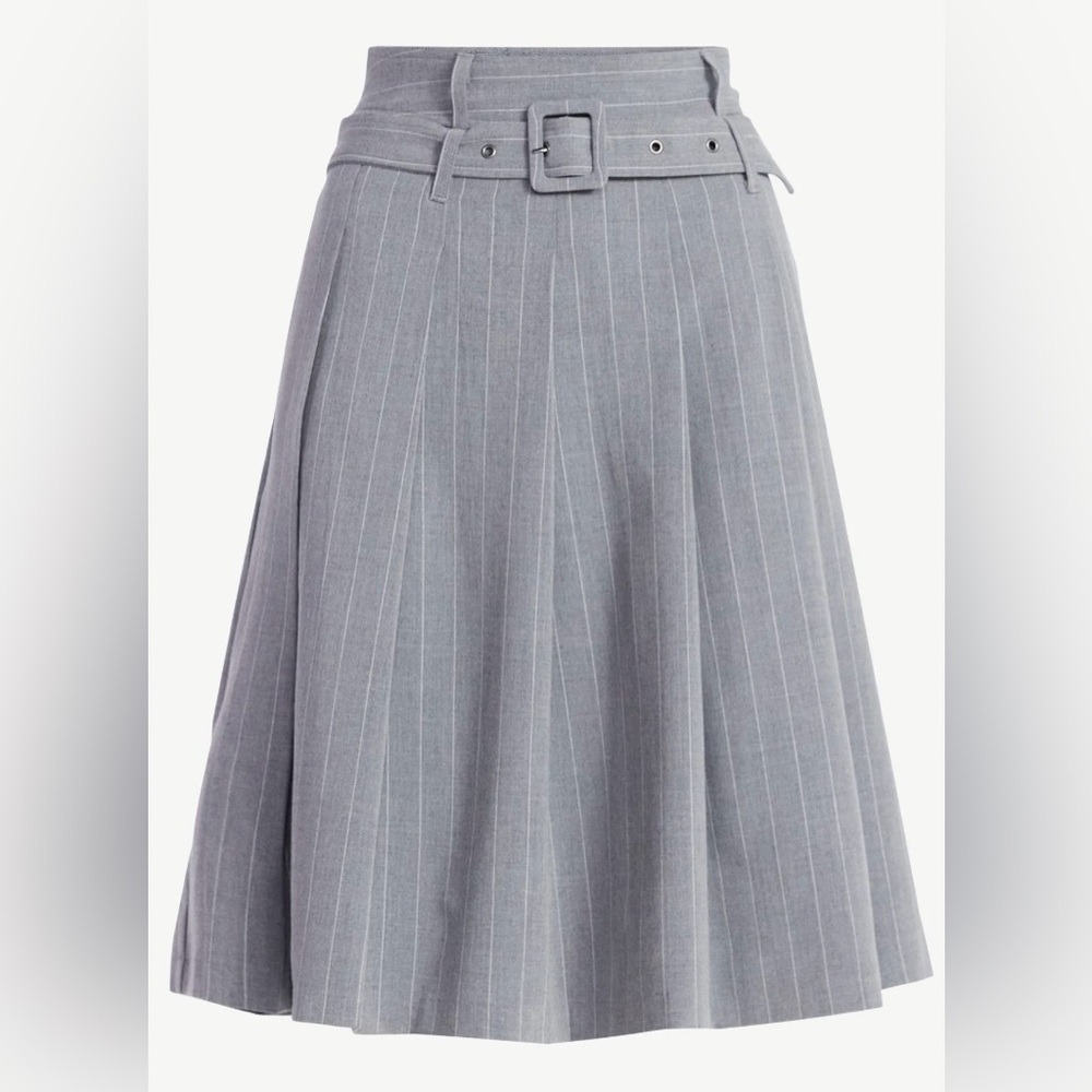 NWT Elegant Gray Pleated pinstripe midi Skirt w/ belt - Picture 4 of 10